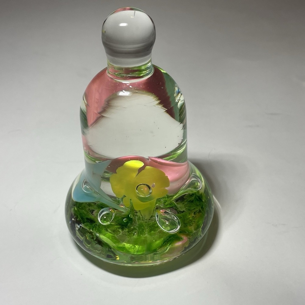 Joe St. Clair Paperweight Bell Shaped Art Glass Pink Yellow Green Flower Vintage
